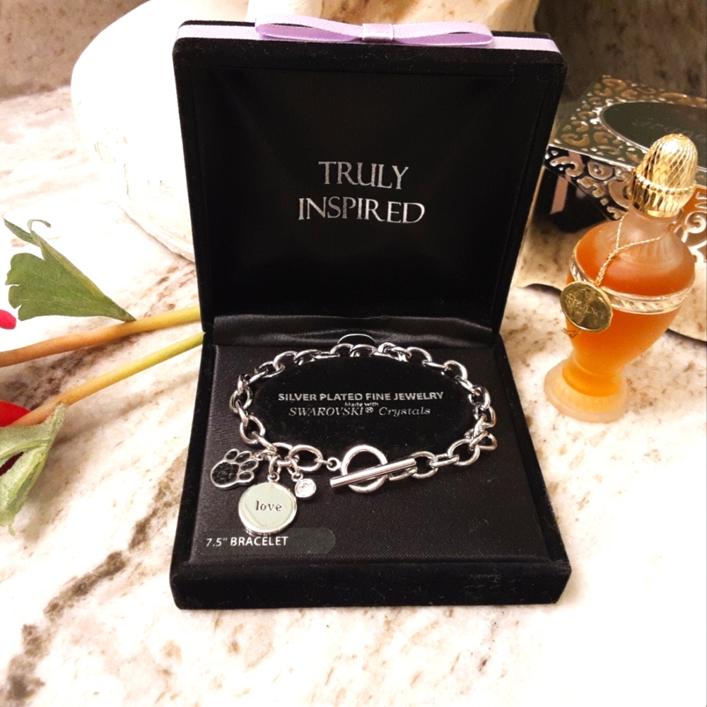 NEW TRULY INSPIRED SWAROVSKI CRYSTALS FINE SILVER PLATED ROLO TOGGLE BRACELET